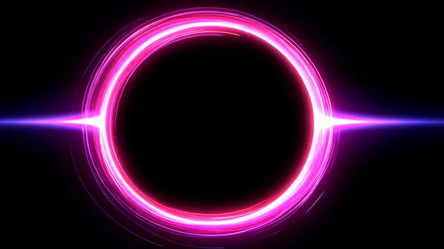 A glowing pink and white ring with sharp, angled light beams piercing from either side against a black background