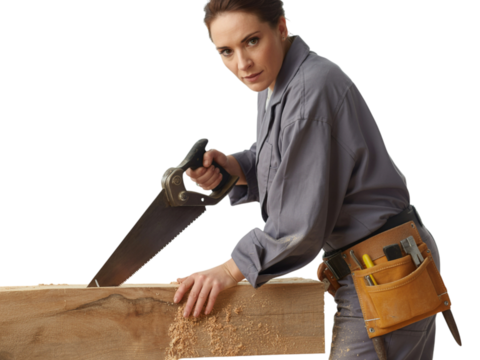 Focused female carpenter sawing wood demonstrating skill and dedication in construction and craft transparent background