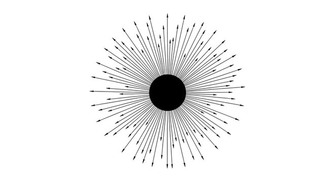 A black circle at the center of a radial pattern of thin, outward-pointing arrows on a white background.