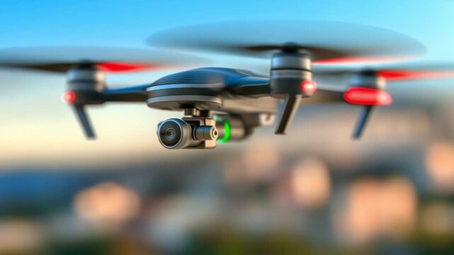 Sky's the Limit: A drone gracefully ascends against a blurred cityscape, its high-tech features promising exploration and innovation in the digital age.