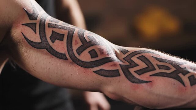 Close-up of a Mans Arm with a Bold Tribal Tattoo Design.