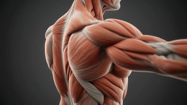 Detailed anatomical illustration of human muscles, showcasing the intricate muscular system of the back and arm.
