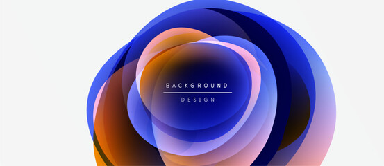 Abstract layered circles, vibrant colors, modern design. Background features blue, orange, purple hues. Minimalist text present.