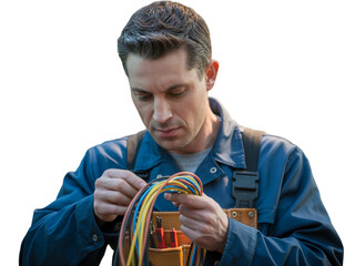 Focused male electrician expertly connects wires performing electrical work repair service occupation skillful technician transparent background