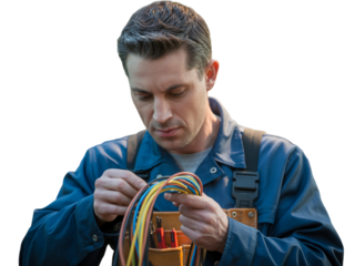 Focused male electrician expertly connects wires performing electrical work repair service occupation skillful technician transparent background