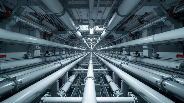 Endless Industrial Pipe Corridor with Silver Pipes Vanishing Point in Modern Factory Interior