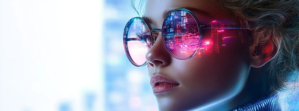 Businesswoman wearing smart glasses showing futuristic city with augmented reality display