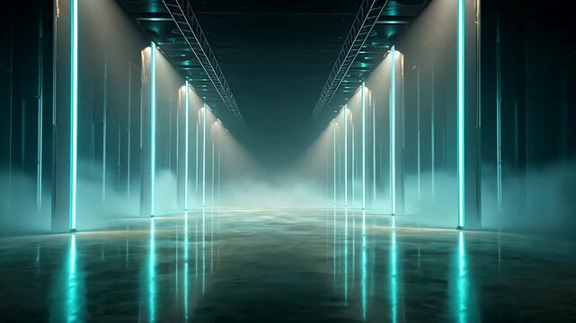 A long, foggy, industrial hallway with glowing teal lights and a metallic ceiling, offering a futuristic perspective