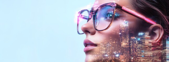 Businesswoman wearing smart glasses and experiencing augmented reality in a futuristic cityscape