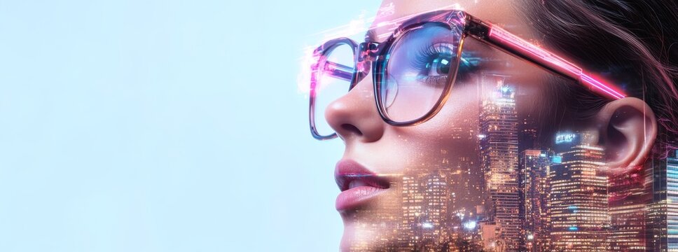 Businesswoman wearing smart glasses and experiencing augmented reality in a futuristic cityscape