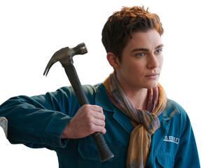 Confident non-binary construction worker holding hammer ready to build building project transparent background