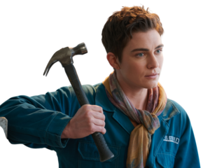 Confident non-binary construction worker holding hammer ready to build building project transparent background