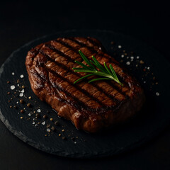 Grilled Steak with Rosemary on Dark Slate Plate