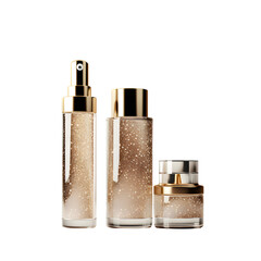 Three cosmetic bottles with gold accents on a black background