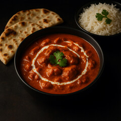 Authentic Butter Chicken with Naan Bread and Basmati Rice on Dark Background