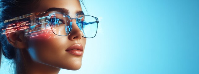 Businesswoman wearing smart glasses experiencing augmented reality interface