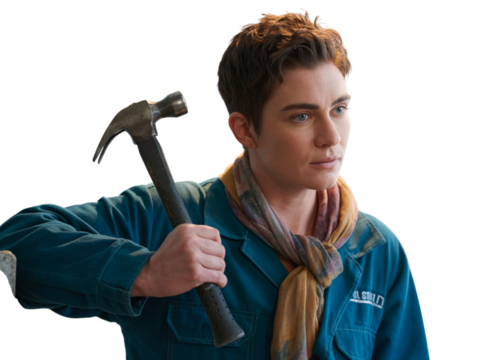Confident non-binary construction worker holding hammer ready to build building project transparent background