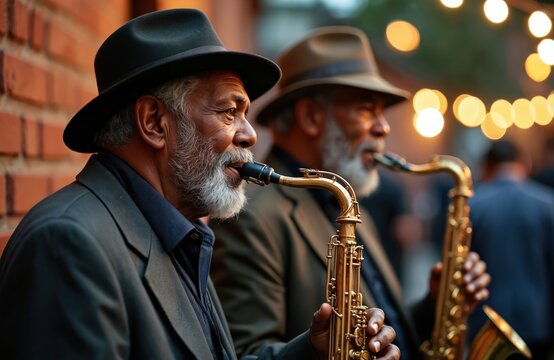 Two elderly African American men play saxophones outdoors at lively street event. Wear fedoras, suits, creating soulful jazz music with string lights overhead. Scene feels like warm community