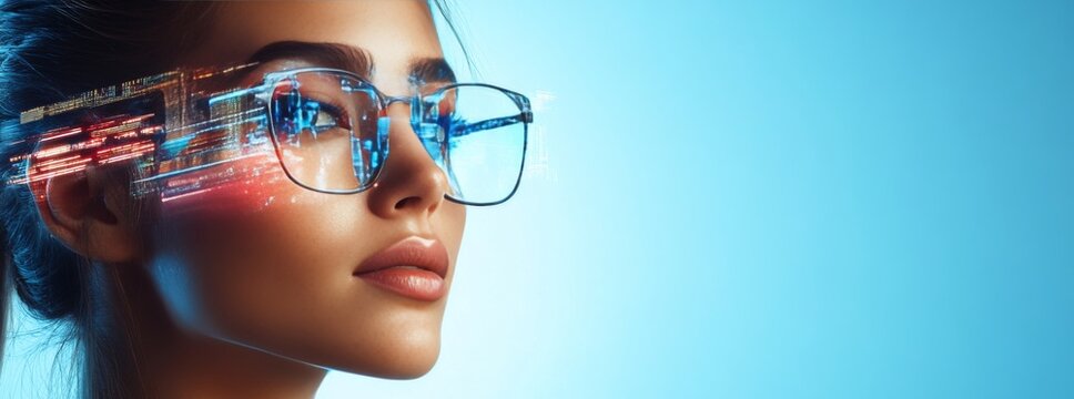 Businesswoman wearing smart glasses experiencing augmented reality interface