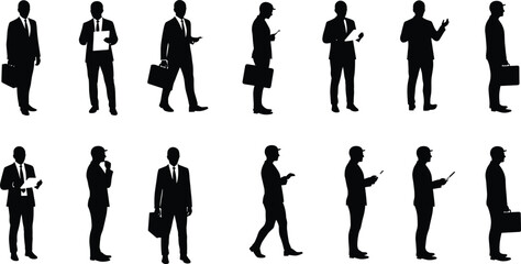 Business silhouettes, corporate professionals, office workers, teamwork, communication, leadership, mobile usage, briefcase, business attire, standing pose