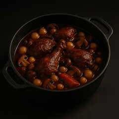 Classic French Coq au Vin Chicken Stew in Cast Iron Pot