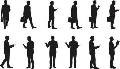Business silhouettes, corporate professionals, office workers, teamwork, mobile communication, briefcase, leadership, standing pose, walking, reading, gesturing, formal attire, business meeting
