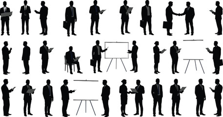 Business silhouettes, corporate professionals, teamwork, office interaction, handshake, presentation, communication, leadership, meeting, strategy, formal attire, workplace, collaboration, success