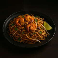 Authentic Pad Thai with Shrimp on Dark Background