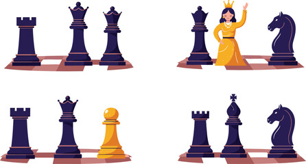 Chess pieces illustration, cartoon style chessboard, colorful vector art, rook king queen knight bishop pawn, educational game concept, strategy design © Arafat World