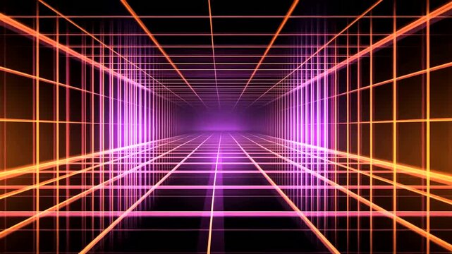 A perspective grid tunnel, glowing with radiant, orange and purple, receding into a dark, geometric, infinite space