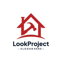Search project logo design template with house and hammer. Concept of professional employee recruitment agency logo vector