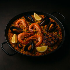 Traditional Spanish Seafood Paella with Shrimp, Mussels, and Lemon Wedges