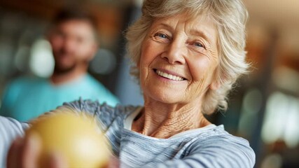 Elderly woman with gray hair performing physical exercise with yellow ball during physiotherapy session. Concept of active aging, rehabilitation and senior health care - Powered by Adobe