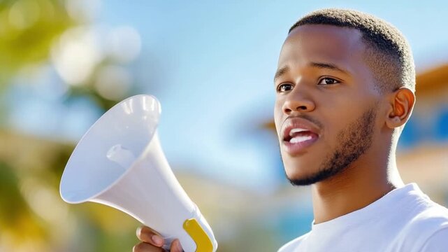 Voice of Conviction: A young man, his gaze intense, passionately addresses a crowd with a megaphone. The focus is on communication.