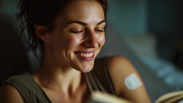 Close-up of young woman with medical patch on arm reading a book indoors. Concept of health care, recovery and relaxation at home