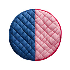 Round quilted mat divided into blue and pink halves isolated