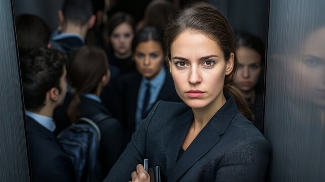 A serious Hispanic woman in a business suit stands confidently in a crowded elevator, exuding determination.