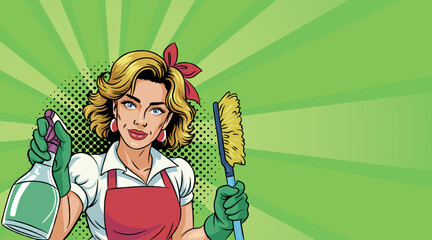 A beautiful woman in pop art style is busy cleaning. On a colored background. Vector pop art comic style.