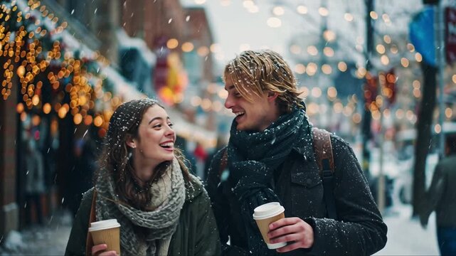 Young man and woman smiling while walking on snowy city street holding takeaway coffee. Concept of winter holidays, lifestyle and relationship