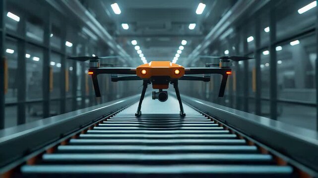 Orange Drone Moving on Conveyor Belt Inside Modern Automated Warehouse Facility