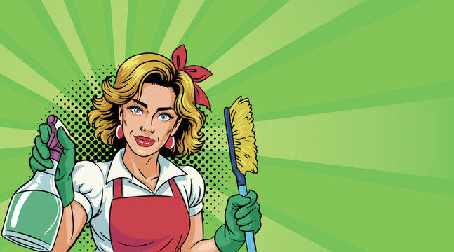 A beautiful woman in pop art style is busy cleaning. On a colored background. Vector pop art comic style.