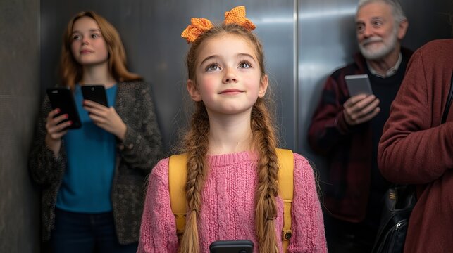 Young girl with braids and a pink sweater gazes thoughtfully in an elevator, surrounded by adults on their phones.