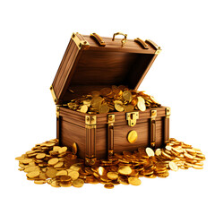 Open wooden chest overflowing with gold coins on black ground
