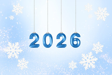 Christmas and New Year card for 2026. Blue numbers 2026, a white snowflakes on a blue background with space for text, greetings, and promotional offers