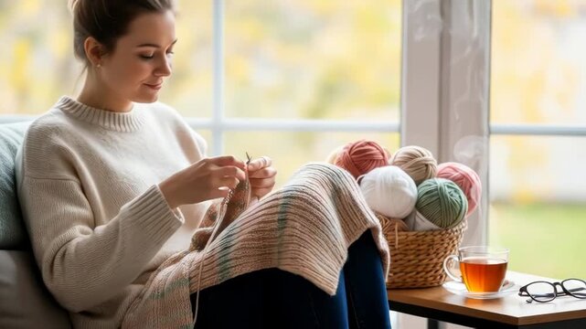 Cozy autumn afternoon: woman knitting by the window with tea and yarn basket