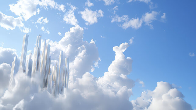 Floating city amidst fluffy clouds and bright blue sky creates serene and imaginative atmosphere