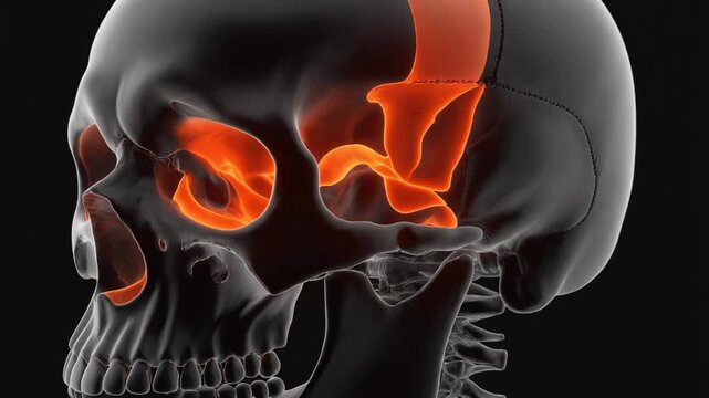 3D rendering of a human skull with highlighted orbital and temporal bones.