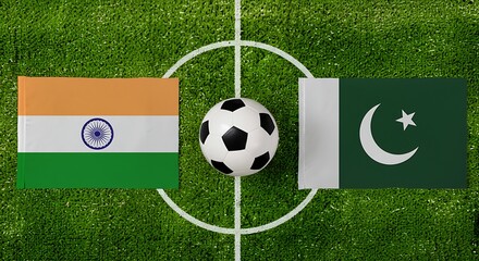 Dynamic cricket rivalry flags on vibrant green field, symbolizing sports, competition, and national pride in a visually striking and modern design, India Pakistan