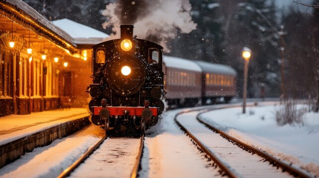 vintage steam train chugs through a snowy landscape, with a charming station lit by warm lights, creating a nostalgic winter scene.