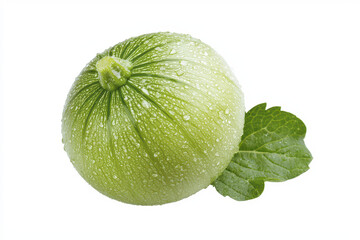 Fresh green zucchini with water droplets and leaf, showcasing its vibrant color and freshness